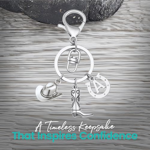 Personalized Horse Keychain with Initial Charm, Stainless Steel Cowboy Hat, Boot and Horseshoe Pendants, Western Equestrian Accessory, Custom Gift for Women, Cowgirls, Horse Riding Fans4