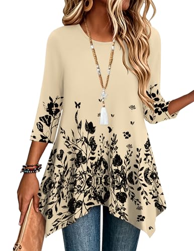 Image of Zeagoo Womens Tops 3 /4 Sleeve Loose Fit Dressy Tunics Plus Size Boho Shirts