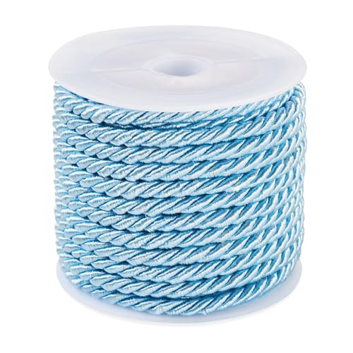 FASHEWELRY 5.47 Yards Twisted Cords Trim 3mm Light Blue Braided Silk Rope Cords Twisted Polyester Silk Cords for Macrame Bracelets Curtain Costumes Ornament, Crafts Making