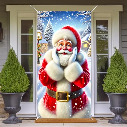 Image of BlissYard Christmas Door Cover Decoration Surprised Santa Snowy Scene 35x71 Inches Front Door Banner Xmas Hanging Decor for Home Holiday Christmas Photo Backdrop Winter Festival Supplies