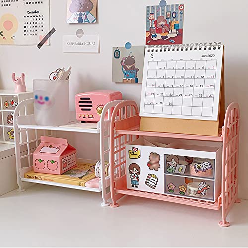 Image of Desktop Rack Cosmetic Stationery Storage Holder, 2-Tier Multifunctional Plastic Shelf Makeup Organizer for Skincare Office Kitchen Bedroom Bathroom Home (Pink)