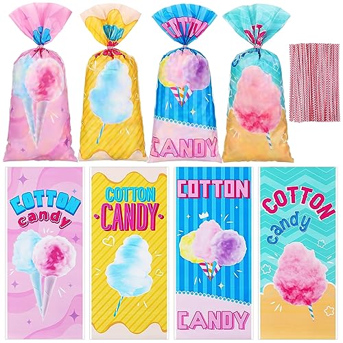 Karenhi 100 Pcs Cotton Candy Bags with Ties 10.8 x 5 Inch Carnival Cotton Candy Cones Treat Snacks Cellophane Bags Gift Wrapping Supplies for Circus Carnival Birthday Party Favor