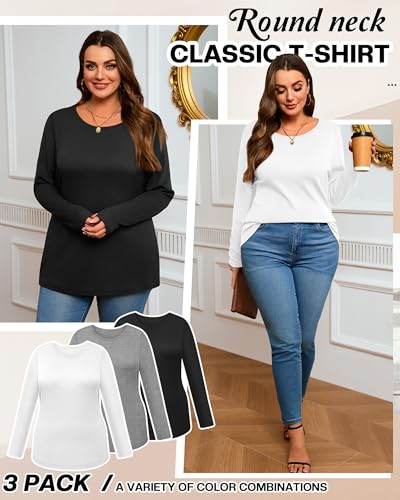 3 Pack Women's Plus Size Cotton Shirts, Scoop Neck Long Sleeve Casual Tops Form Fitting Knitted T-Shirts Blouses4
