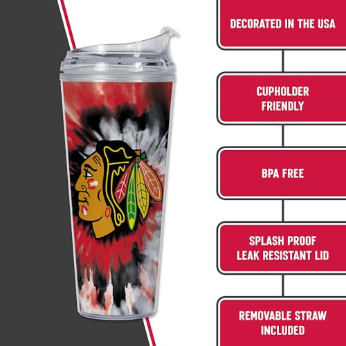 Image of Rico Industries NHL Hockey Team Color Tie Dye 24oz Metallic Acrylic Tumbler with Hinged Lid, Officially Licensed Double Wall Tumbler with Straw