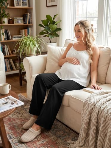 BLENCOT Maternity Pants Wide Leg High Waisted Flowy Pregnancy Clothes Fashion Plus Size Scrubs Pants Business Casual Summer Spring Postpartum Outfits Trousers for Women with Pockets X-Large Black — view 5