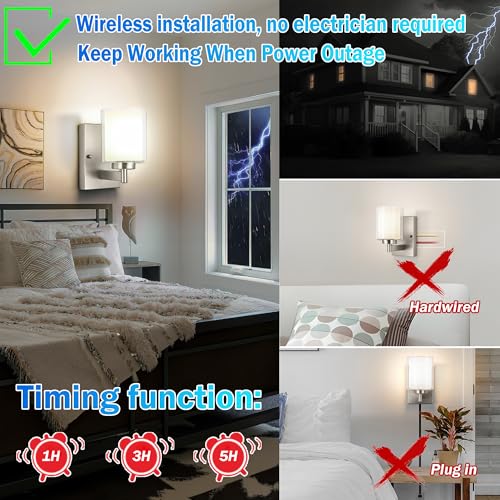 Image of Battery Operated Wall Sconce Set of 2, 10000mAh Wireless Rechargeable Wall Sconce with Remote Control, RGB Dimmable Bathroom Light Fixtures with Double Clear Glass Shade for Mirror Bedroom