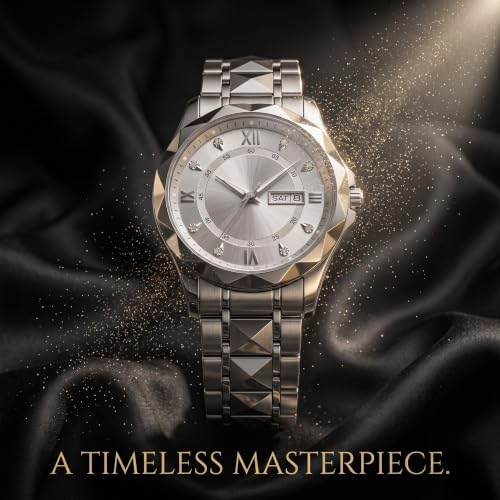 Image of GOLDENIZE FASHION Luxury Analog Roman Numeral Date Display Diamond Pattern Classics Stainless Steel Wrist Watch for Men