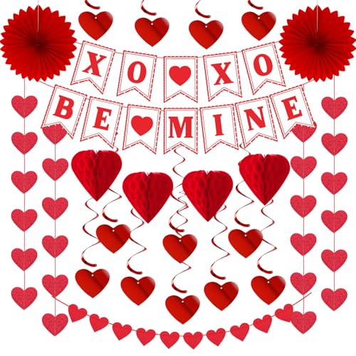 Image of Galentines Party-Decoration Valentines-Day Heart Garland - 25pcs Red Paper Streamers Honeycomb Fans XOXO BEMINE Banner, Anniversary Baby Shower Wedding Love Hanging Supplies Decor Hugfond