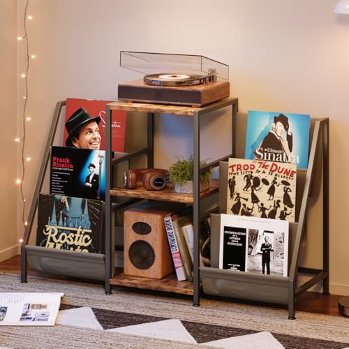 CAIYUN Table de tourne-disque avec 3 niveaux de rangement de disques vinyles - Table d'appoint pour tourne-disques jusqu'à 280 LPs - Support en bois - Support pour lecteur d'enregistrement en vinyle