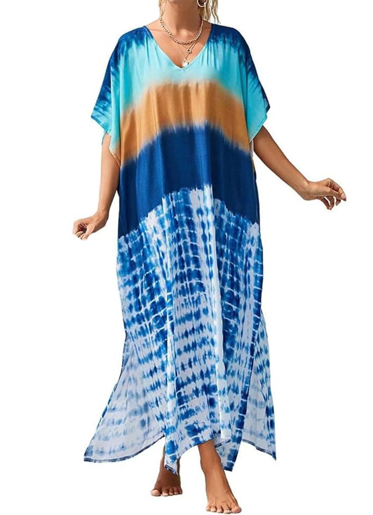 Women's Semi-Sheer Long Caftan Lounger Printed Kaftan Dress Bathing Suit Bikini Swimsuit Cover Up Swimwear (Blue D)