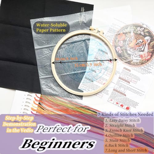 Image of FONNUY Tiger Floral Embroidery Kit, Cross Stitch Kits for Beginners, Handmade Crafts with Printed Patterns for Beginner Adults, Easy to Follow Color Thread Needlework, 8'' Hoop