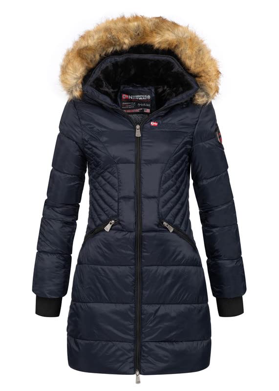 Geographical Norway Abeille Lady - Parka Cálida Para Mujeres En Otoño Invierno - Abrigo Fino Con Capucha De Piel Sintética - Chaqueta A Prueba De Viento - Rego Elegante Ide (Marina M-talla 2)