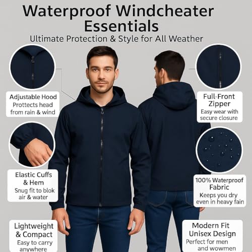 Image of Nephar Men's Waterproof Hooded Zip Rain Jacket - Lightweight Black Windcheater for Daily Wears & Outdoors