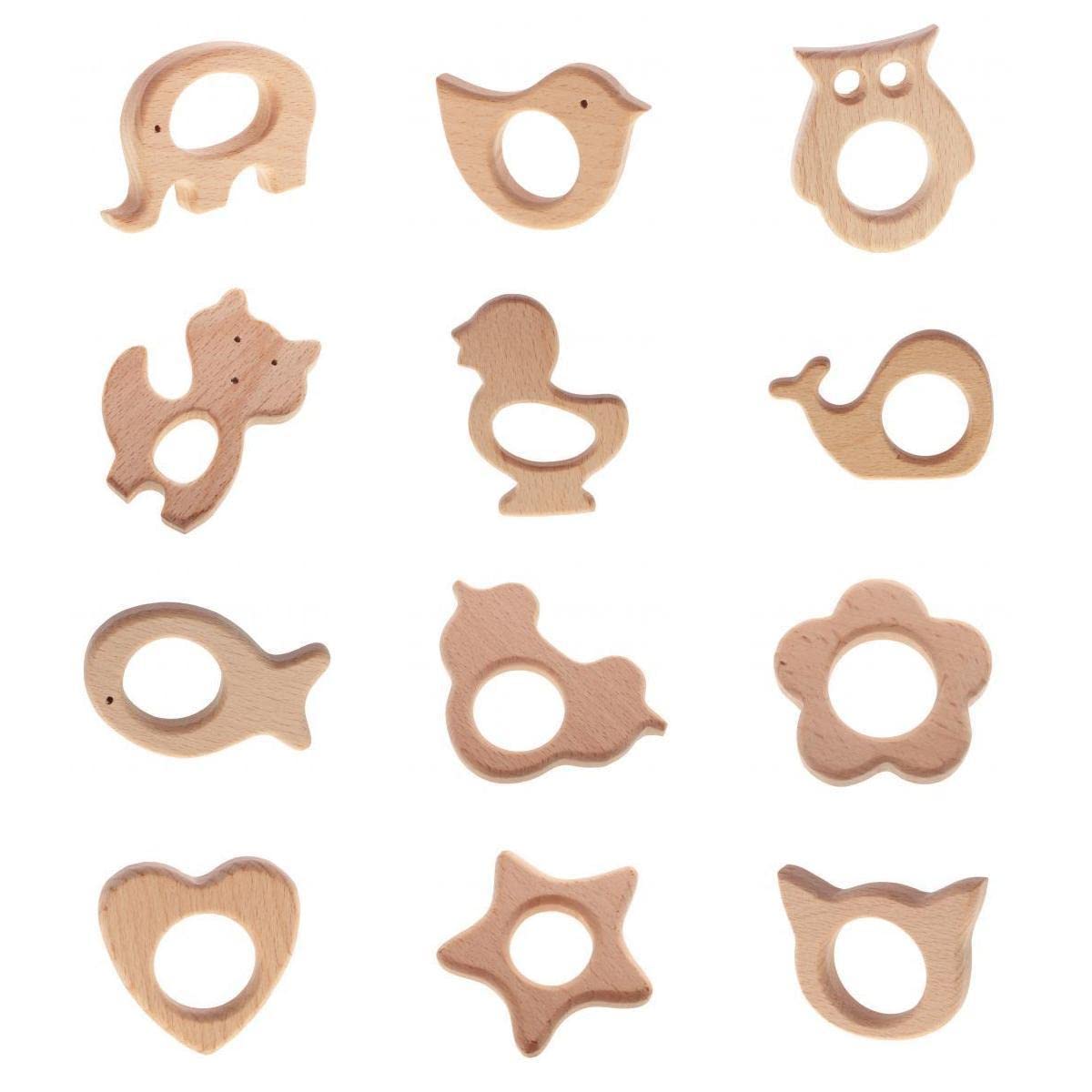Tiuimk 12pcs Teething Pendant for Babies - Safe, Easy to Clean Wooden Chewable Toys | Owl, Elephant, Bird, Duck, Whale, Fish, Car, Flower, Heart, Star, Cat Shapes