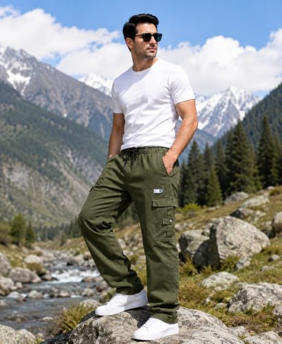 Image of DEELMO Cargo Pant for Men | Cotton Cargo's Pant | Men's Cotton Cargo Trousers | Elastic Drawstring Waist Straight Fit | Comfortable Breathable Cargos for Casual to (Available in Pluse Size)