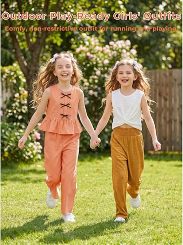 Image of Girls' Clothing Sets Sleeveless Bow Crop Top Wide Leg Linen Pants 2026 Summer Outfits Cute Kids Clothes