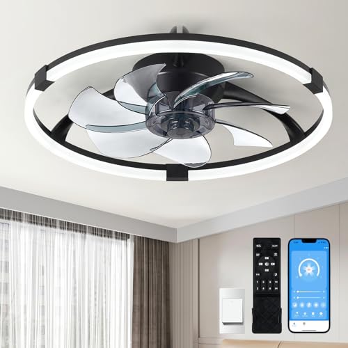 Hordxin 20" Low Profile Ceiling Fans with Lights and Remote, Flush Mount Ceiling Fan with 6 Speeds，3000K-6500K Dimmable, APP & Remote Control, Fandelier for Bedroom, Kitchen, Black