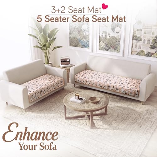 Image of HOKIPO 'Homehues Series' Printed Quilted Sofa Cover 3 Seater and 2 Seater Set - 5 Seater Sofa Cover Mat, Light Peach Candytuft (IN-807 + IN-809 - D6)