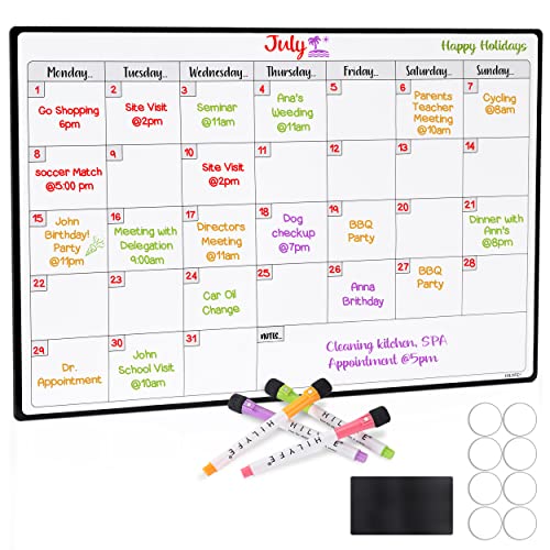HILYFE Monthly Planner Whiteboard A3- Magnetic Fridge Calendar for Cupboard & Wall with 4 Dry Erase Markers - Meal Planning Memo Board - Task Planning and Event Reminder Notice Board