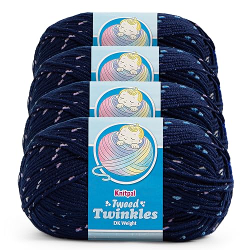 Image of Tweed Twinkles Soft Baby Yarn for Crocheting, 4-Pack (696Yds / 400G), Free Patterns - Acrylic Baby Blanket Knitting Yarn with Flecks - Size 3 DK Light Worsted Weight - Midnight Blue