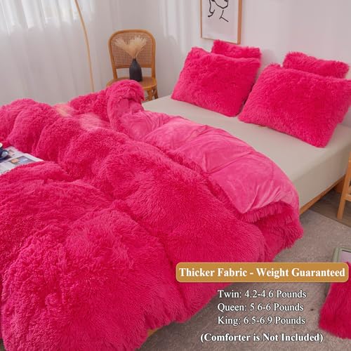 Image of XeGe Plush Faux Fur Duvet Cover Queen Size, Luxury Shaggy Fluffy Hot Pink Comforter Cover 1 PC, Soft Furry Fuzzy Velvet Bedding with Zipper Closure for Bedroom (Queen, Hot Pink)