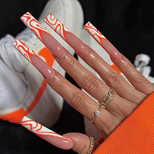 MISUD Orange Swirl Coffin Press On Nails #TOP22