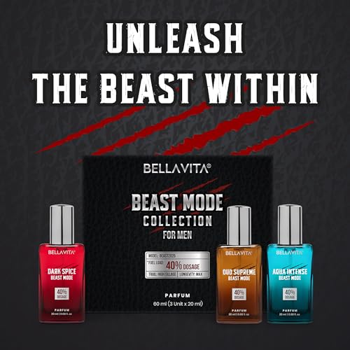 Image of BELLAVITA Beast Mode Collection Set with 40% Perfume oil concentration | Long Lasting | Set of 3 x 20ml each | Perfume for Man | Gift for Men | Spicy, Wood, Musk and Oud Premium Fragrance for Men