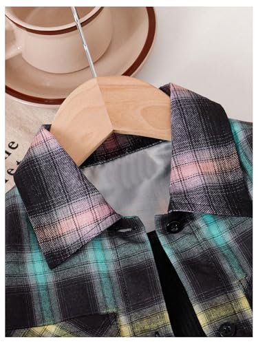 WDIRARA Girl's Plaid Button Down Blouse Color Block Collared Long Sleeve Shirts with Pocket3