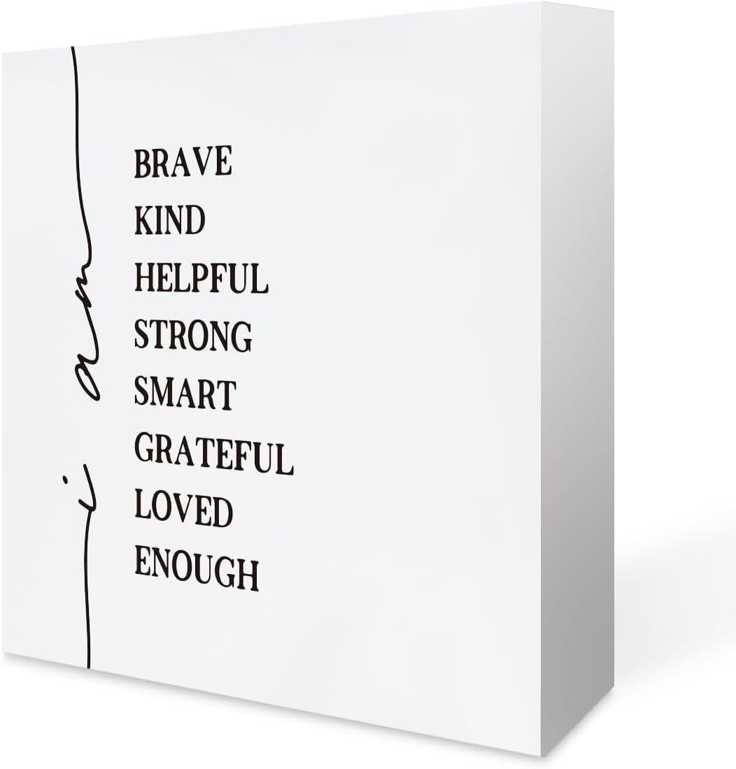 Affirmations I Am Brave Kind Strong Smart Wood Box Sign Rustic Wood Plaque Farmhouse Block Sign Home Decor