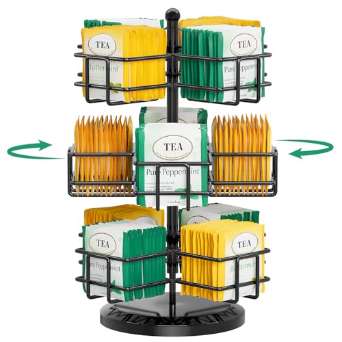 EsLuker.ly Organisateur de sachets de thé en métal rotatif à 3 niveaux - Pour ranger les sachets de thé - Support de rangement pour sachets de thé - Grand...