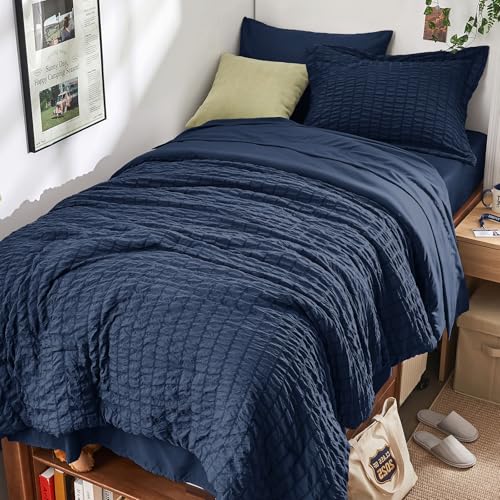 Image of HYMOKEGE Navy Blue Twin XL Comforter Set Seersucker 5 Pieces, All Season Luxury Bed in a Bag for Bedroom, Bedding Set with Comforter, Sheets, Pillowcase & Sham