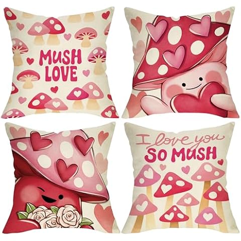 Fjfz Valentines Day Mushroom Decorative Throw Pillow Covers 18 x 18 Set of 4, Pink White Mush Love Hearts Porch Outdoor Home Decor, Anniversary Wedding Couch Cushion Case Cover