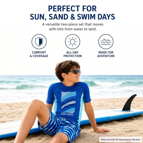 Image of Body Glove Boys Swim Set - 2 Piece Boys Swim Trunks with Rash Guard UV Protection Swimsuit Kids Bathing Suits (Sizes 4-12)