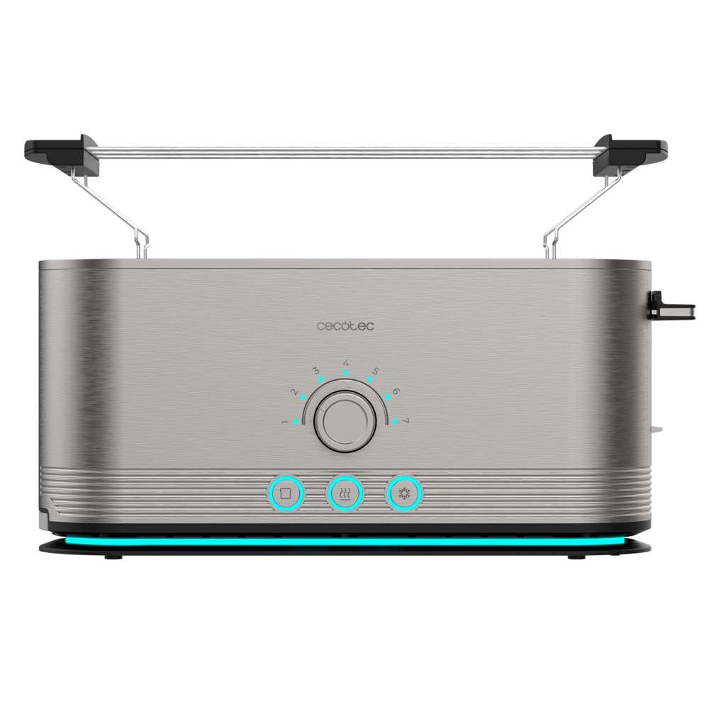 Cecotec Tostadora Vertical de Acero con Ranura Larga Shine&Toast Extra. 1050W, Capacidad para 2 Tostadas, Ranura Ancha de 3,8cm, Anillo Luminoso, 7 Niveles de Tostado, Varillas Superiores