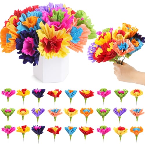 Ctosree 24 Pcs Mexican Paper Flowers Artificial Rainbow Crepe Paper Flowers Bunch with Stems De Papel para Decoracion Mexican Fiesta Assorted Flower Centerpieces for Fiesta Cinco De Mayo Party Home