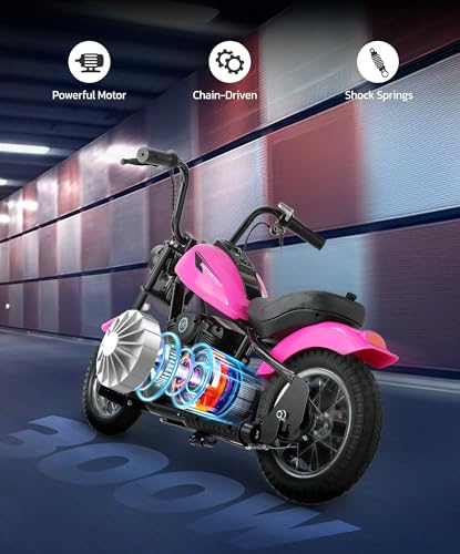 Image of ELEMARA Electric Dirt Bike, 15 mph & 150lb Max, 24V Ride on Toy for Big Kids w /LED Lights & Power Display,Chain-Driven Motor,Twist-Grip Throttle, Shock Springs,Handbrake,12 inch Air-Filled Tires-Pink