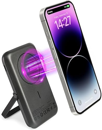 MGG Paquete de batería magnética PD 20W para MagSafe 5000mAh Cargador portátil inalámbrico con soporte plegable, cargador de batería Mag-Safe Carga