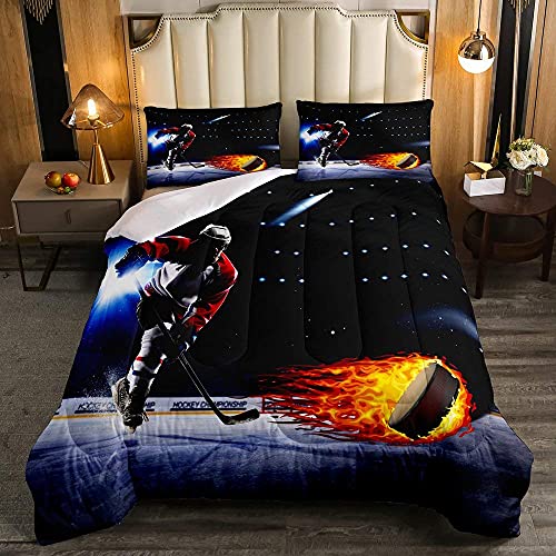 Erosebridal Ice Hockey Comforter Set Full Hockey Sport Player Quilted Duvet Winter Extreme Sport Game Duvet Set Sports Arena Flame Pattern Quilt Set for Boys Teens Adult Blue Black