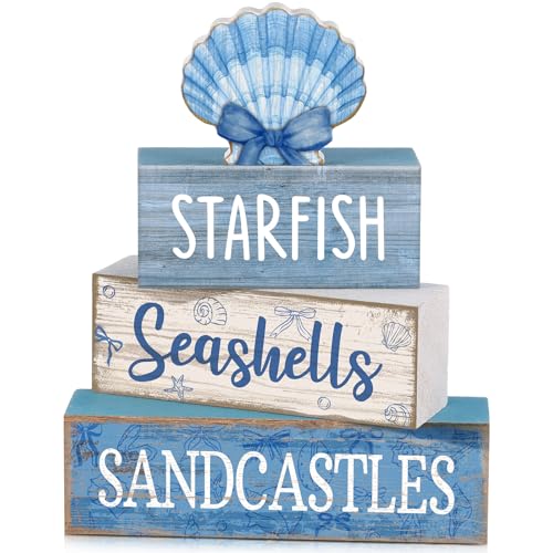 Image of Moucuny 4 Pcs Nautical Beach Decor Shell Tiered Tray Decoration Blue Bow Table Centerpieces Summer Rustic Decorative Block Signs Gift Farmhouse Table Sign for Home Kitchen Shelf