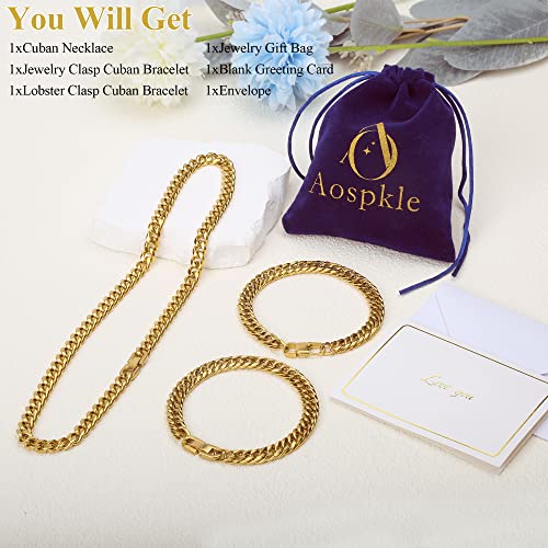 3PCS Cuban Link Bracelet Necklace, Gold Sturdy 316L Stainless Steel Cuban Link Chain for Men Jewelry Set 8mm, 7/8/9 Inches4