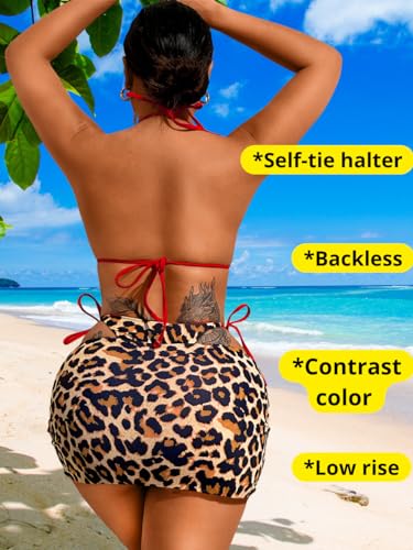 Womens 3 Piece Leopard Bikini Set,Triangle String High Cut Thong Sexy Swimsuit & Coverup Skirt,Pool Party Outfit2