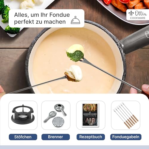 Ottia Fondue Set für 2, 3, 4, 5, 6 Personen aus Gusseisen & Emaille. Als Käsefondue, Fleischfondue, Schokofondue. Induktion geeignet, Schadstofffrei, mit Brenner+Gabeln+Rezeptbuch, Fondü-Set aus HH