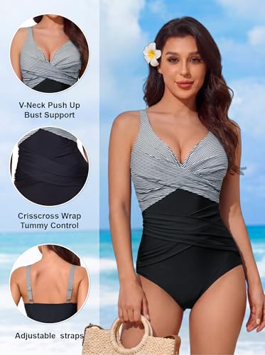 Image of Smismivo Tummy Control Swimsuits for Women Slimming One Piece Bathing Suit Retro Ruched Push Up Vintage Padded Swimwear