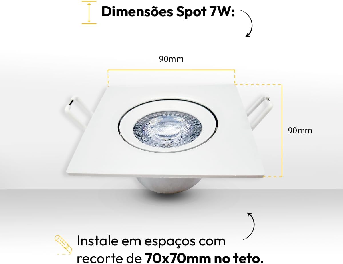 Kit 10 Spot LED 7W Embutir Quadrado, Direcionável Bivolt, 3000K/4000K/6500K, Ideal para Gesso e Sancas