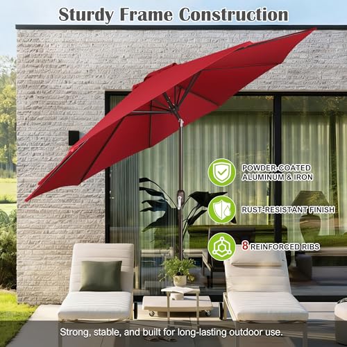 Image of Blissun 10FT Patio Umbrella, Outdoor Table Umbrella, Yard Umbrella, Market Umbrella with 8 Sturdy Ribs, Push Button Tilt and Crank, Red