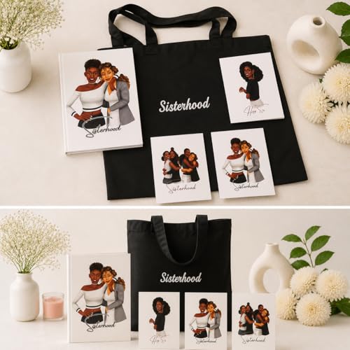 Image of Sisterhood Tote Bag, Journal and Stationery Gift Set, 6x9 inch Lined Journal, 3 Greeting Cards, Embroidered Canvas Tote, Gift Pack for Friends and Sisters (Black+White)