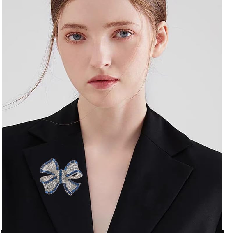 Rhinestone Bow Collar Brooch For Women Unique Crystal Ribbon bow Brooch Dainty Blue Rose Sparkling Ribbon Bow brooch Badge Clothing Accessory Jewelry Gift - Image 3