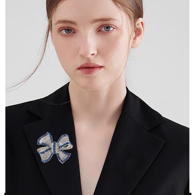 Image of Rhinestone Bow Collar Brooch For Women Dainty Crystal bow Brooch Pin Vintage Blue Sparkling lapel pin Unique Ribbon Bow brooch Badge Clothing Accessory Jewelry Gift
