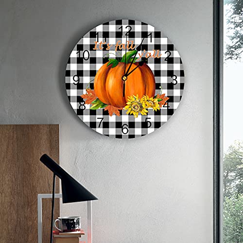 Loopop LPP-240719-SLXM09964CKACLOP Fall Wall Clock Thanksgiving Pumpkin Maple Leaf Clocks Pvc Silent Non-Ticking Battery Operated Black Plaid Checkered Round Clock thumb #1