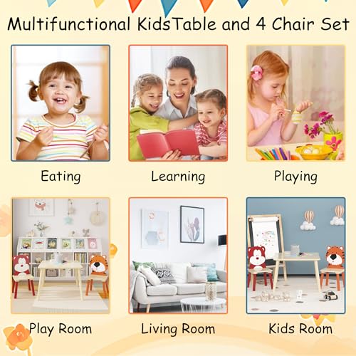 Image of Wood Table & Chairs 3 Pieces Set, Boys Girls Activity Table w / 2 Animal Shaped Chairs, Solid Wood Legs, Safe Rounded Corners, Playroom Furniture for Boys & Girls Activity Dining Drawing Craft.